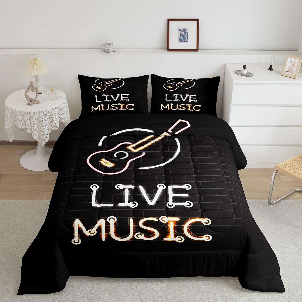 Erosebridal Neon Guitar Bedding Full for Boys Girls Live Music Comforter Set, Glowing Guitar Down Comforter Black Musical Instrument Bedding Comforter Sets, Rock Music Bar Duvet Insert 3pcs