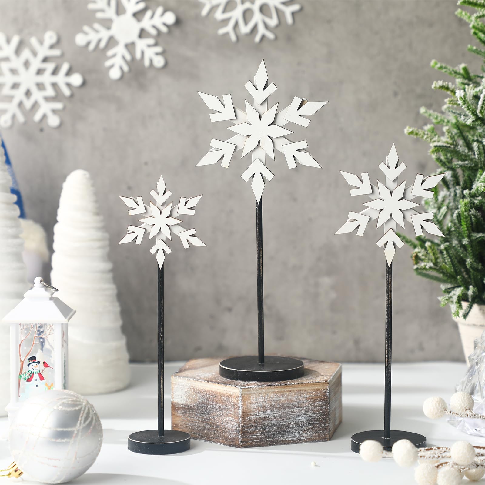 Soaoo 3 Pcs Christmas Snowflake Decorations Wooden Snowflakes Tabletop Decor White Winter Snowflake Table Sign Xmas Tall Standing Wood Block Snowflake Centerpieces for Tables Shelf Mantel Indoor Decor