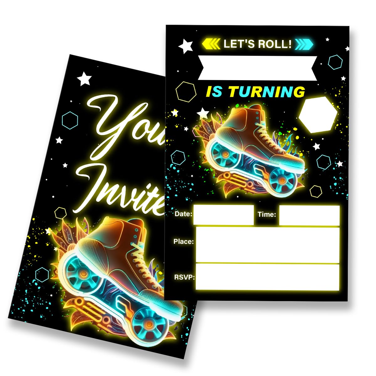 EUDOSI Roller Skating Birthday Party Invitations Supplies Fill-In Set of 20 with Envelopes Skate Theme Let's Roll Birthday Bash Invites Cards(Double Sided)