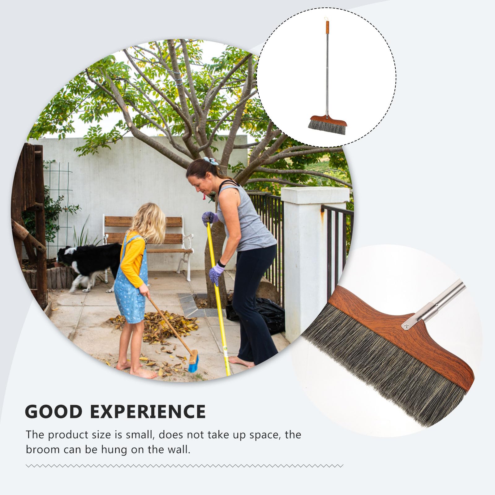 Yardwe Horse Hair Soft Bristle Broom Wooden Handle Angle Broom Floor Cleaning Broom Hair Removal Sweeper Carpet Sweeping Brush for Indoor Outdoor Kitchen