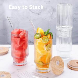 ALINK 16 OZ Ribbed Drinking Glasses 4pcs Set with Bamboo Lids and Glass Straws, Vintage Iced Coffee Cups Glassware, Origami Style Glass Tumbler for Coocktail, Beer, Water