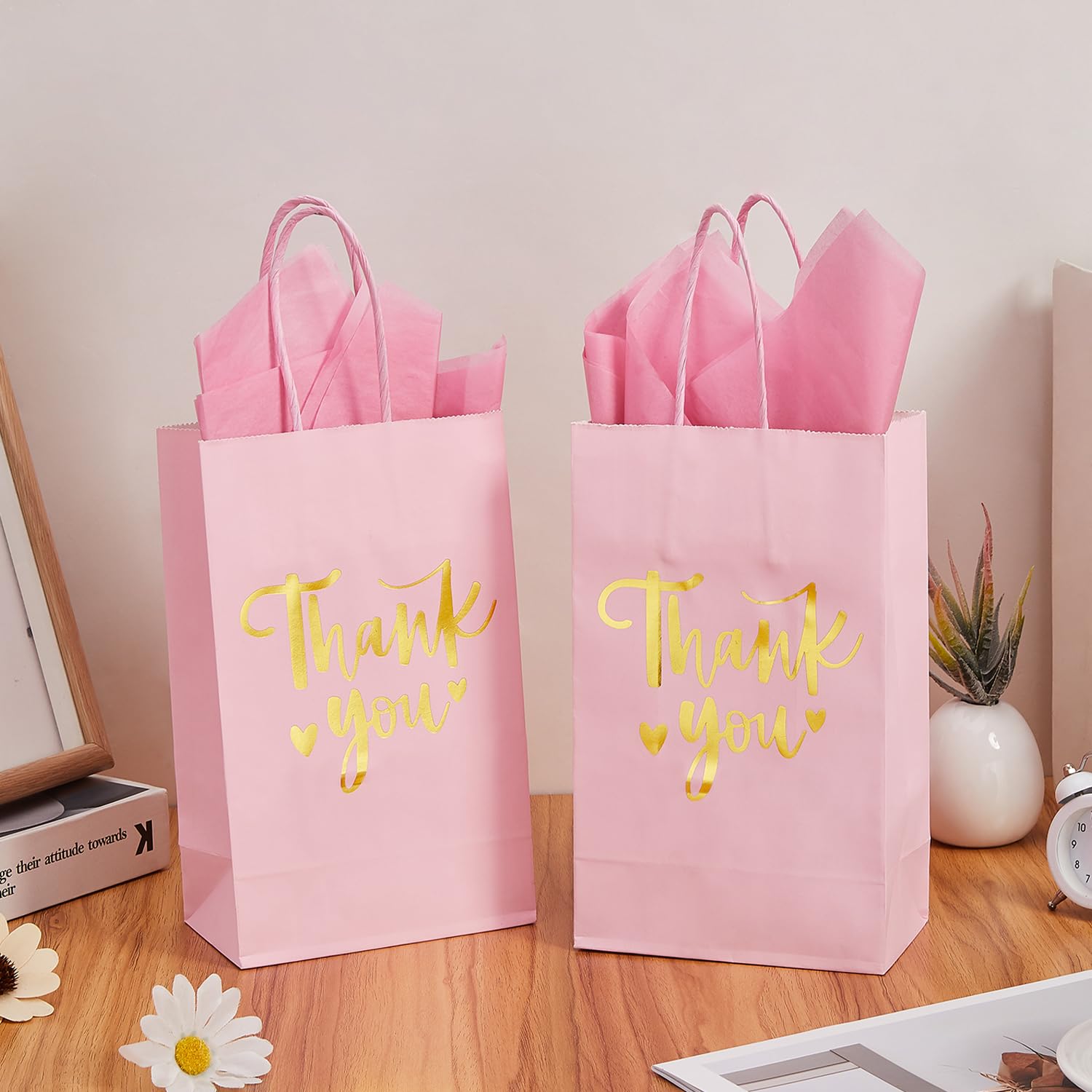 DjinnGlory 50 Pack Small Pink & Gold Foil Thank You Paper Gift Bags with Handles 9''x5.5''x3.15'' and 50 Tissue Paper for Mother's Day Wedding Bridal Baby Shower Birthday Princess Party Supplies