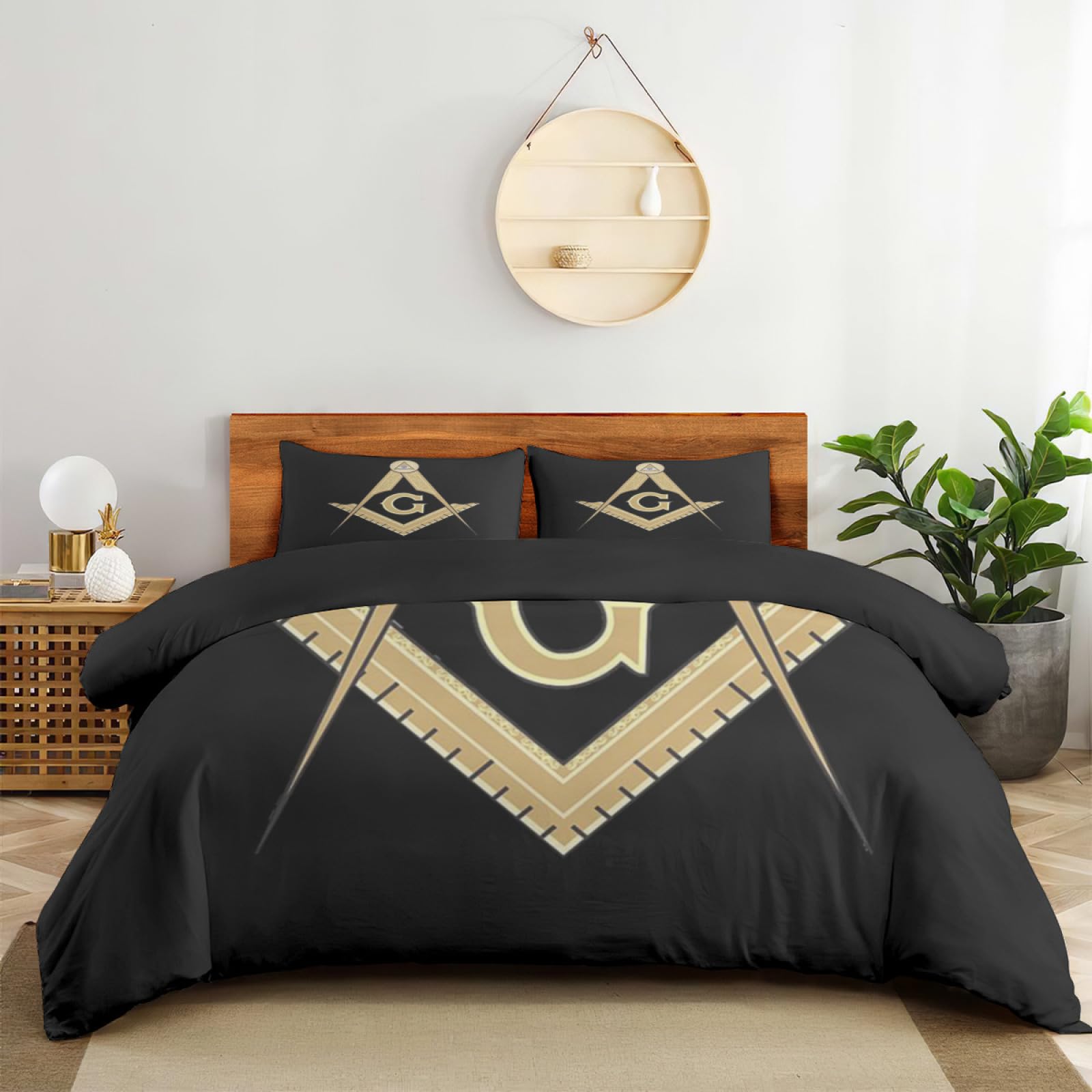 Bedding Sheet Bed Sets, Freemasonry Masonic Lodge Square and Compasses Soft 3-Pieces Duvet Cover Set Comfy 1 Comforter Cover & 2 Pillowcases for All Season King(90"×104")