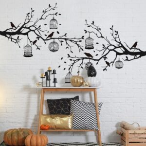 2 Sheets Halloween Wall Decals Gothic Wall Decals Removable Raven Wall Stickers Black Crow Cage Decorations for Gothic Double Sided Design PVC Wall Art Decal for Living Room Wall Room Decor