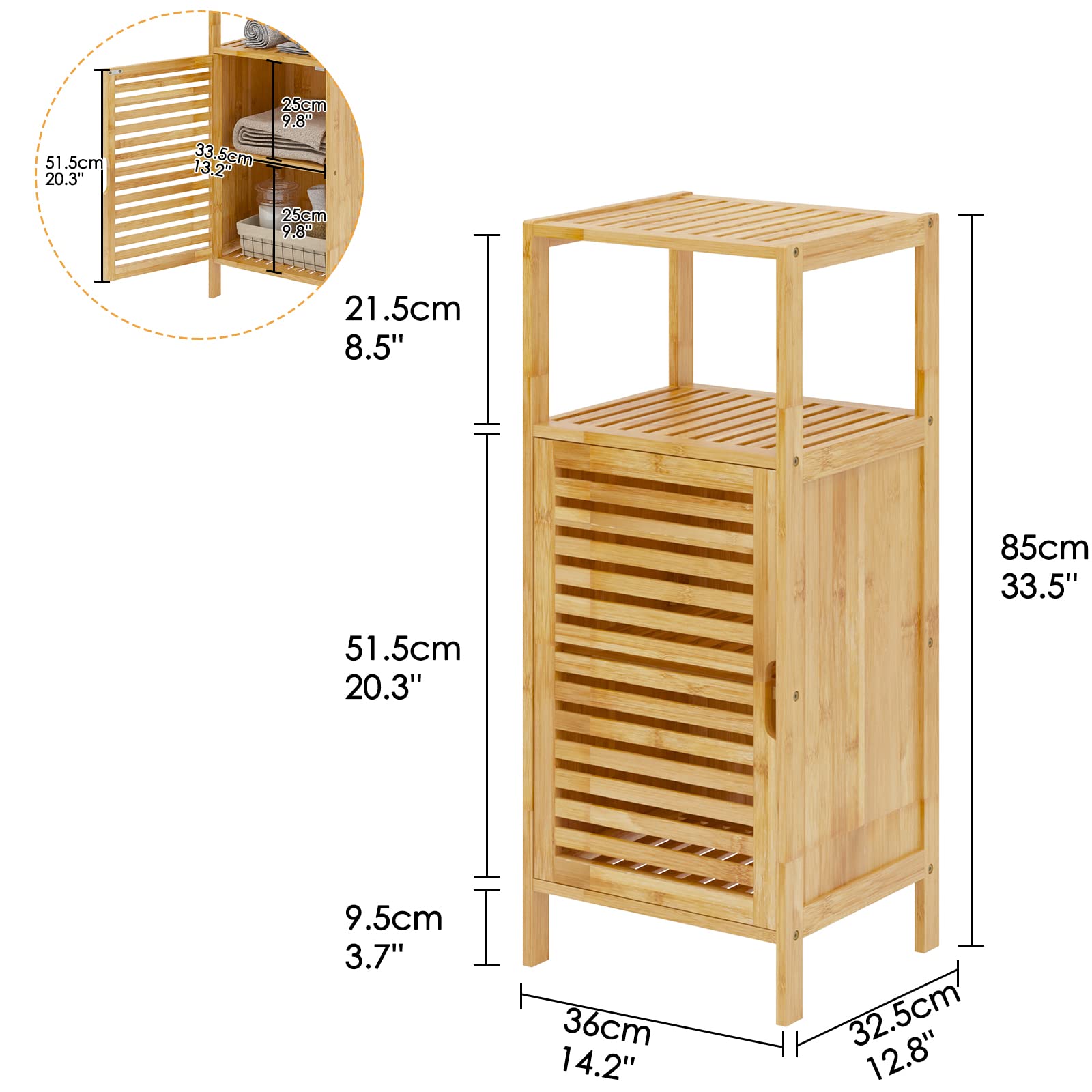 SogesHome Bamboo Bathroom Storage Cabinet, Freestanding Floor Cabinet with 2-Tier Shelf for Kitchen, Midi Cabinets with 1-Door for Living Room, Bathroom