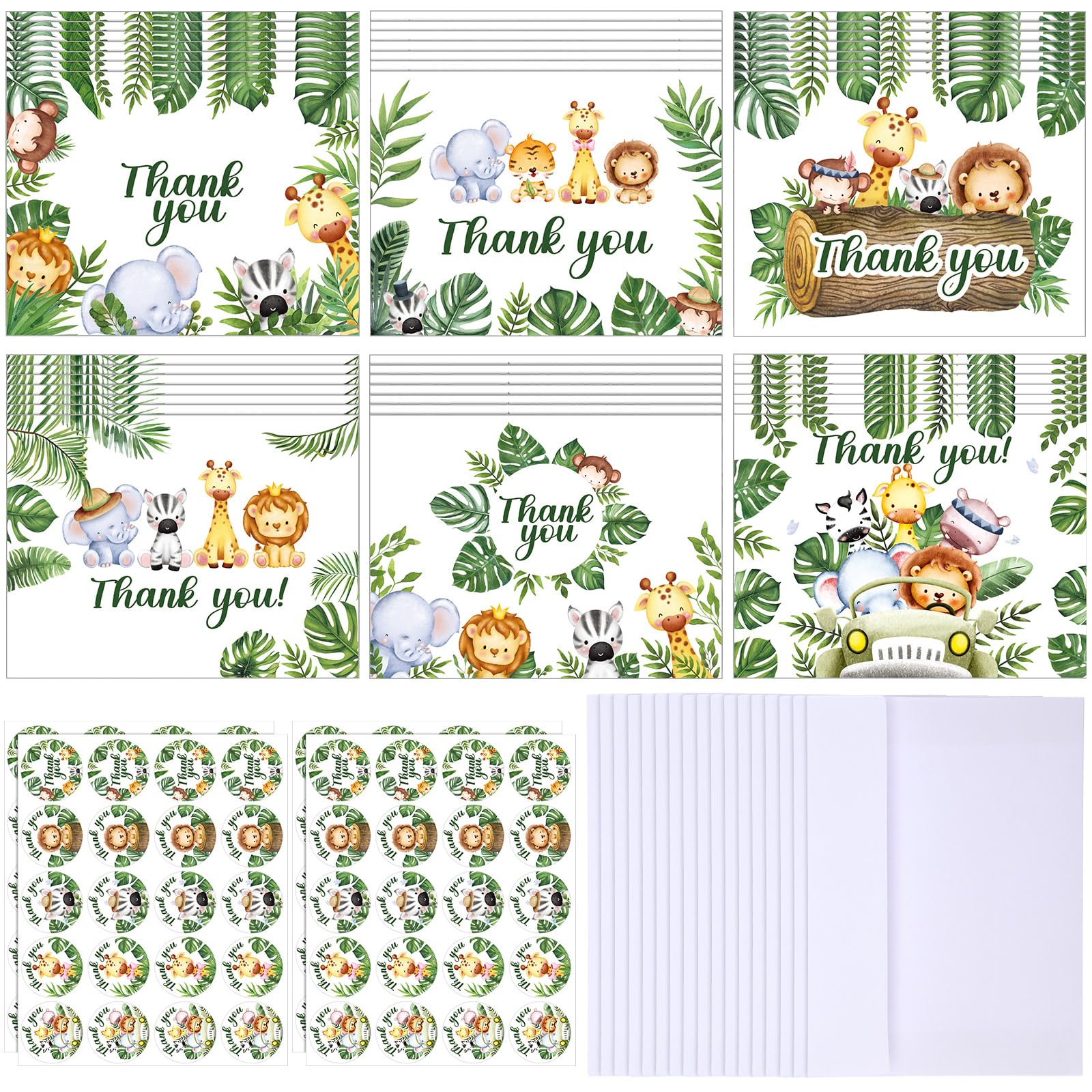 100 Pcs Safari Jungle Thank You Cards with Envelopes Stickers Forest Animals Greenery Greeting Note Cards Woodland Zoo Gratitude Card for Baby Shower Kids Birthday Party Supplies