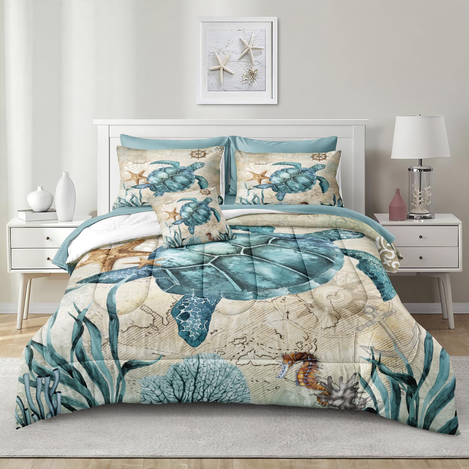 Merryword 8 Pieces Blue Green Comforter Set Queen Size Ocean Life Bed in a Bag Turtle Beach Bedding Set Hawaii Style Summer Lightweight Bedding Comforter Set