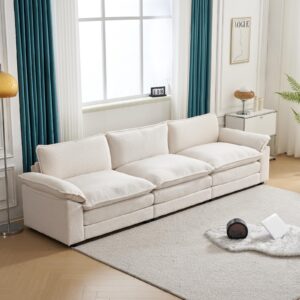 Karl home Sectional Sofa Modular Deep Seat Sofa Couch with Ottoman, Teddy Fleece Sofa Sleeper Comfy Upholstered Furniture for Living Room, Apartment, Studio, Office, (3-Seat & 1-Ottoman, White)