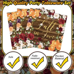 Sunnyray 96 Pieces Fall in Love Party Decorations Supplies Pumpkin Flower Autumn Party Tableware Set Bridal Shower Party Dessert Plates Napkins Forks for 24 Guests Bridal Anniversary Engagement Party