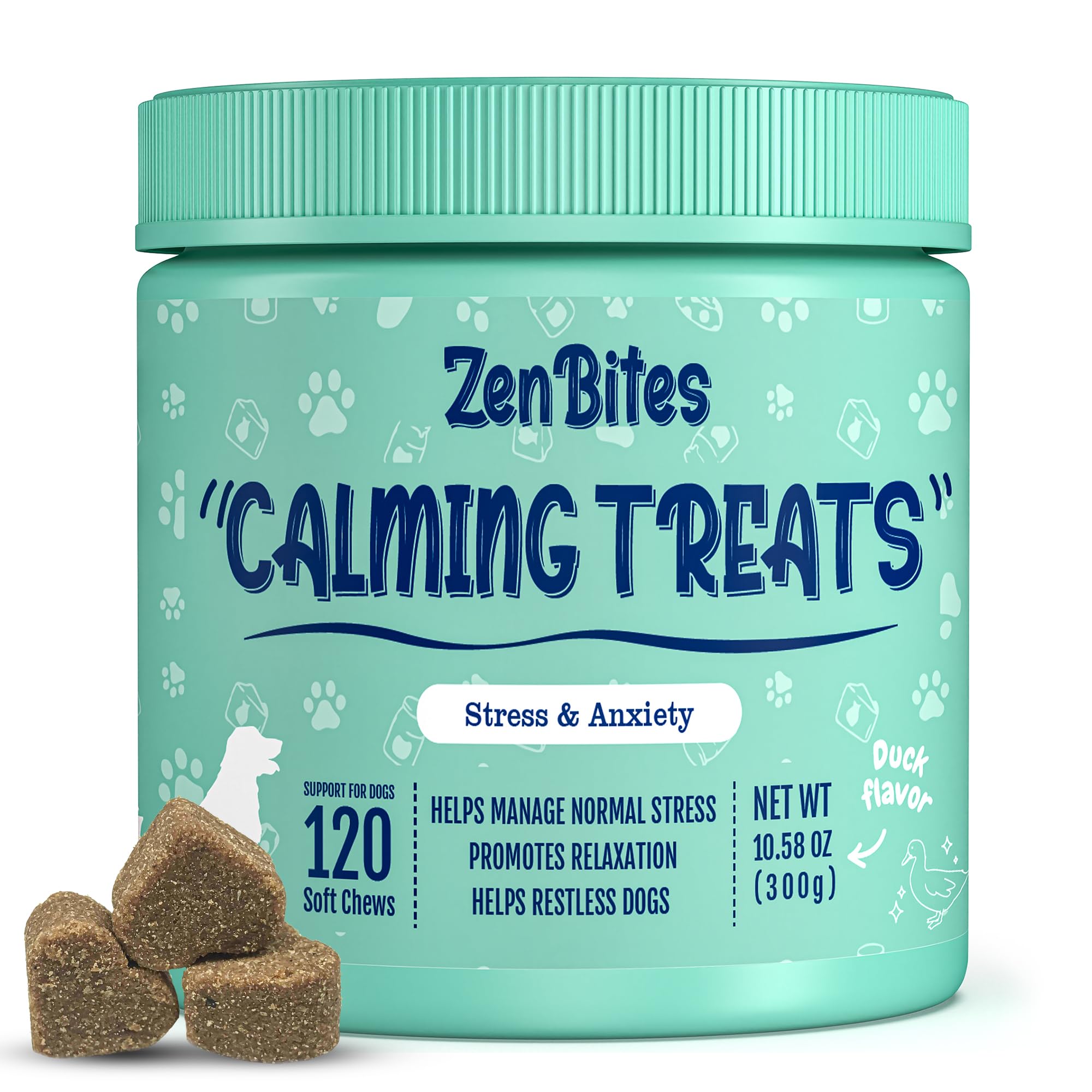 ZenBites Organic Calming Vitamin Chews for Dogs Anxiety Soft Dog Calming Treats with Chamomile Valerian Root Ginger Root & Melatonin Supports Everyday Stress & Anxiety (Duck Flavor) 120 Count