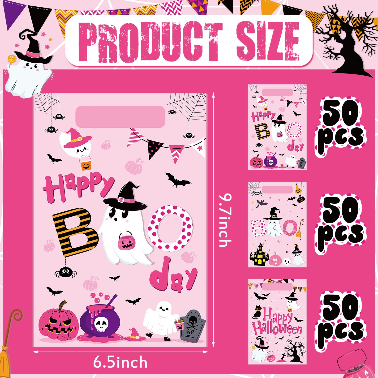 Sweetude 150 Pcs Halloween Little Boo Party Favor Bags Pink Little Boo Plastic Goody Bags Trick or Treat Candy Gift Bags for Halloween Party Kids Theme Birthday Baby Shower Party Favors Supplies