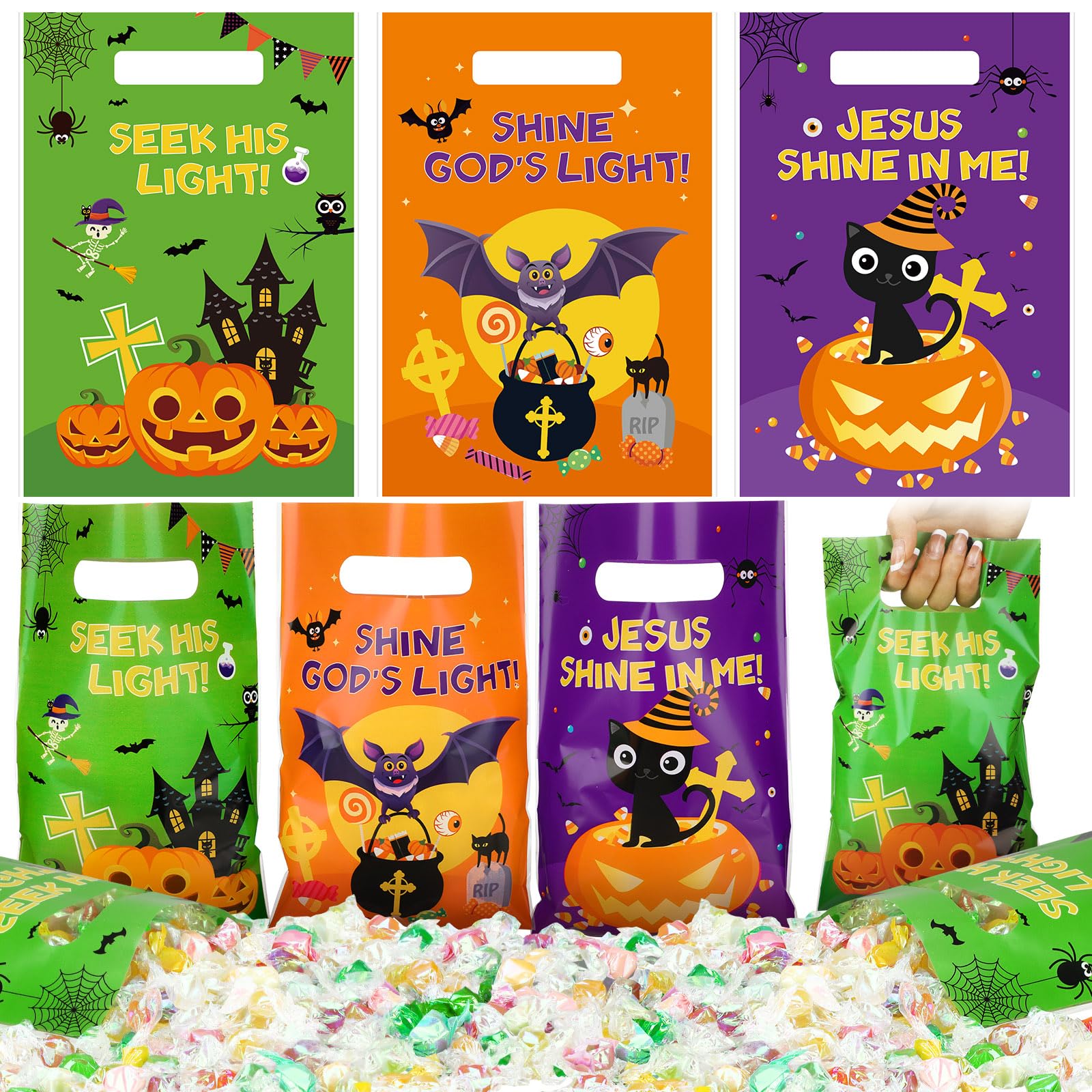 Qilery 150 Pcs Halloween Plastic Bags Religious Candy Gift Bags Christian Trick Treat Bags Pumpkin Treat Bags Trick or Treat Bags Church Bags Halloween Party Favor Supplies