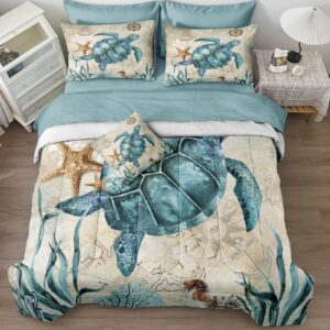 Merryword 8 Pieces Blue Green Comforter Set Queen Size Ocean Life Bed in a Bag Turtle Beach Bedding Set Hawaii Style Summer Lightweight Bedding Comforter Set