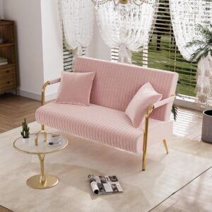 Nolohoo Loveseat Couch with Gold Legs, Velvet Pink Small Sofa with 2 Pillows, 58.6" W Tufted Upholstered Settee Cute 2 Seater Couch for Living Room, Bedroom Office Apartment (Pink,Velvet)