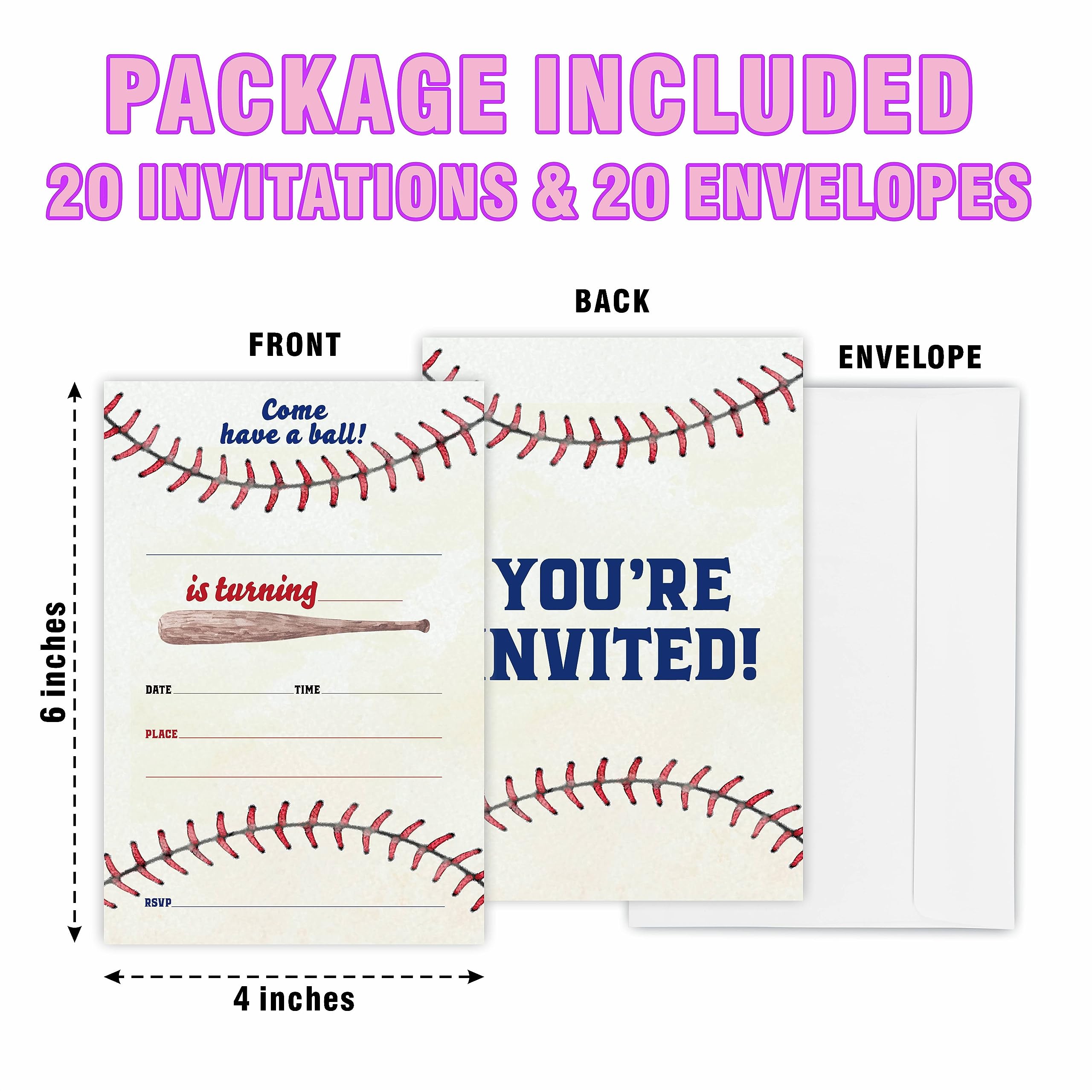 JCVUK Baseball Birthday Invitation Cards, Sports Theme, 20 Invites With Envelopes, Double-sided Fill In Style Invitations, Birthday Party Favor, Decorations And Supplies - Y06