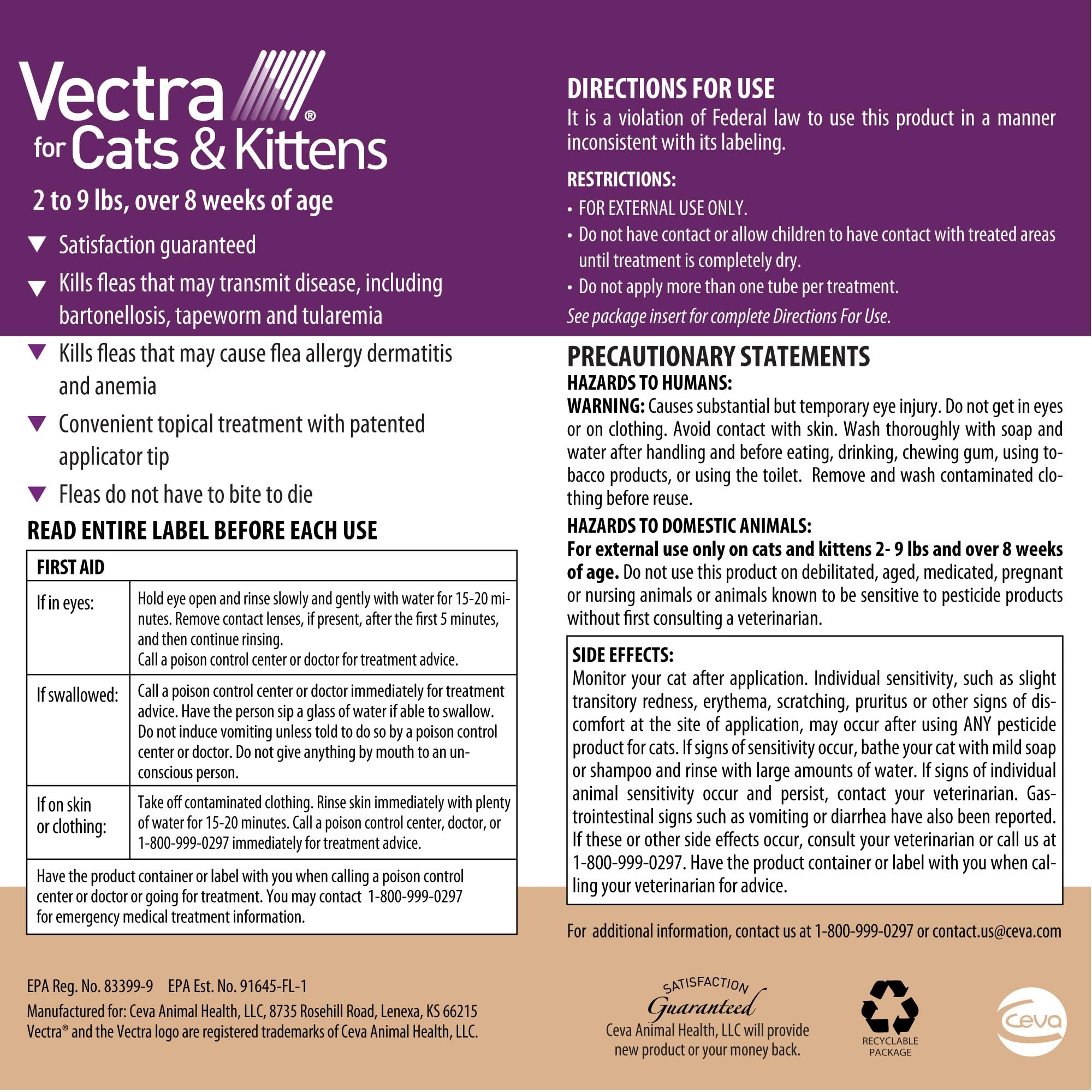 Vectra Tan for Cats and Kittens 2-9 Pounds 6 Doses