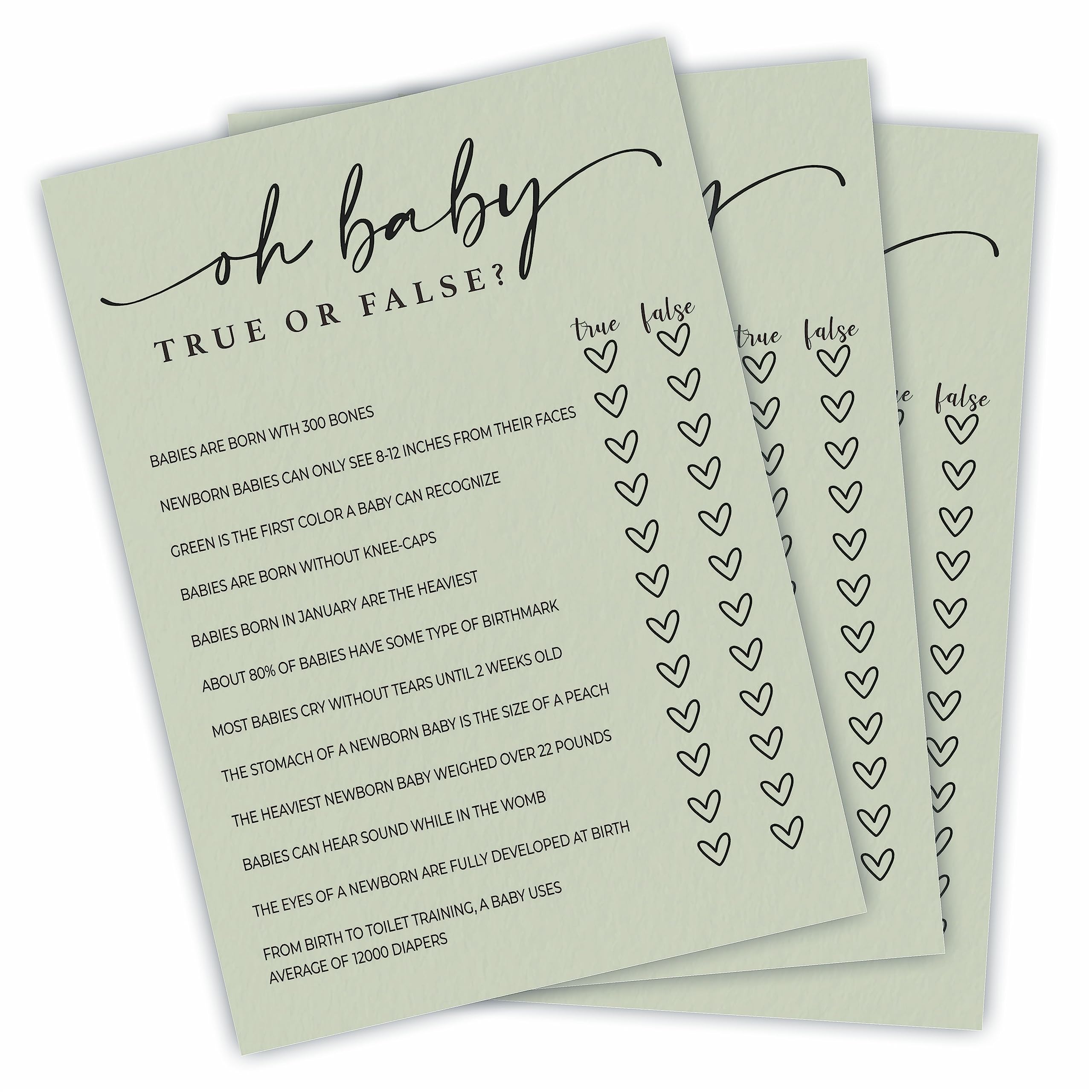 Oh Baby! True Or False Cards - Baby Shower Game & Activity - 5"X7" Moss Green Double-Sided Fill In Style Game Cards, Gender Reveal Game - Baby Shower Party Favors (Pack Of 30 & 1 Answer Card)-B05