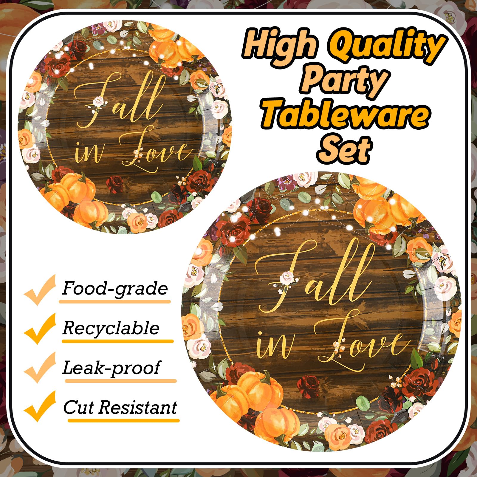 Sunnyray 96 Pieces Fall in Love Party Decorations Supplies Pumpkin Flower Autumn Party Tableware Set Bridal Shower Party Dessert Plates Napkins Forks for 24 Guests Bridal Anniversary Engagement Party