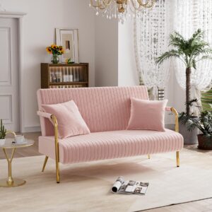 nolohoo loveseat couch with gold legs, velvet pink small sofa with 2 pillows, 58.6" w tufted upholstered settee cute 2 seater couch for living room, bedroom office apartment (pink,velvet)