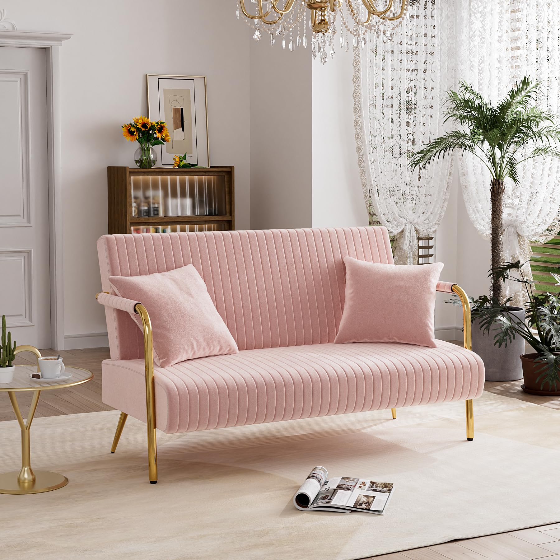 Nolohoo Loveseat Couch with Gold Legs, Velvet Pink Small Sofa with 2 Pillows, 58.6" W Tufted Upholstered Settee Cute 2 Seater Couch for Living Room, Bedroom Office Apartment (Pink,Velvet)