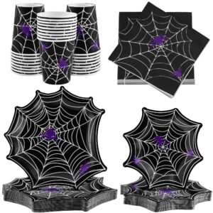 durony 100 pieces halloween spider web party supplies tableware set including halloween spiderweb dinner paper plates cups napkins serves for 25, halloween party decorations