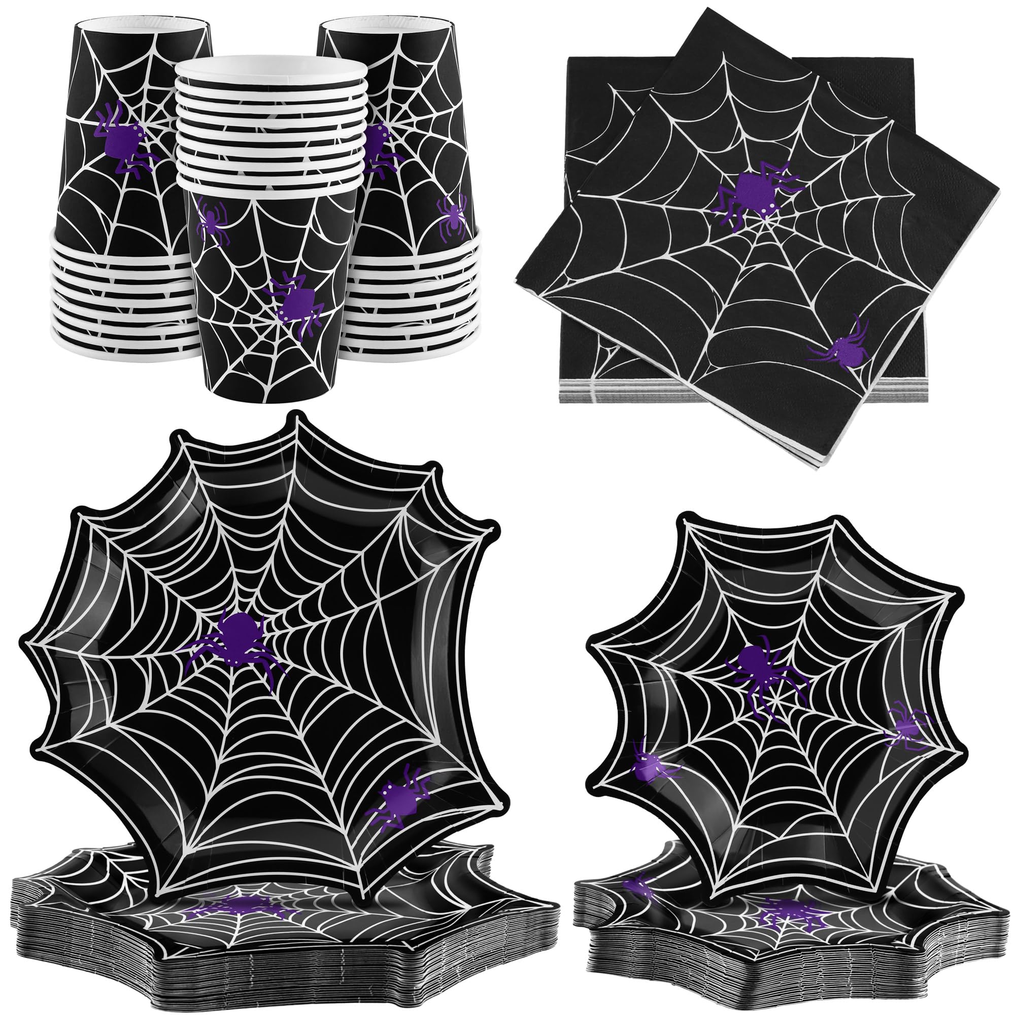 durony 100 Pieces Halloween Spider Web Party Supplies Tableware Set Including Halloween Spiderweb Dinner Paper Plates Cups Napkins Serves for 25, Halloween Party Decorations