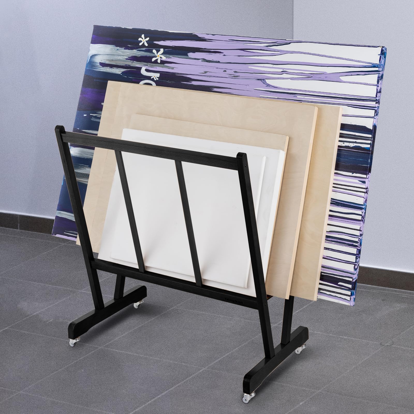 Falling in Art Large Wooden Print Rack, Art Drying and Display Rack with Rolling Casters, Storage Rack for Canvas, Prints, Panels, Posters, Shows and Art Exhibitions, Black