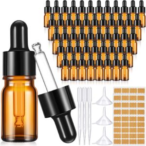 uiifan 100 pack 5 ml amber glass dropper bottles with 5 plastic 3 ml long pipettes, 5 funnels, 5 sheets of labels, empty tincture bottles with dropper for essential oils, cuticle oils, body oils