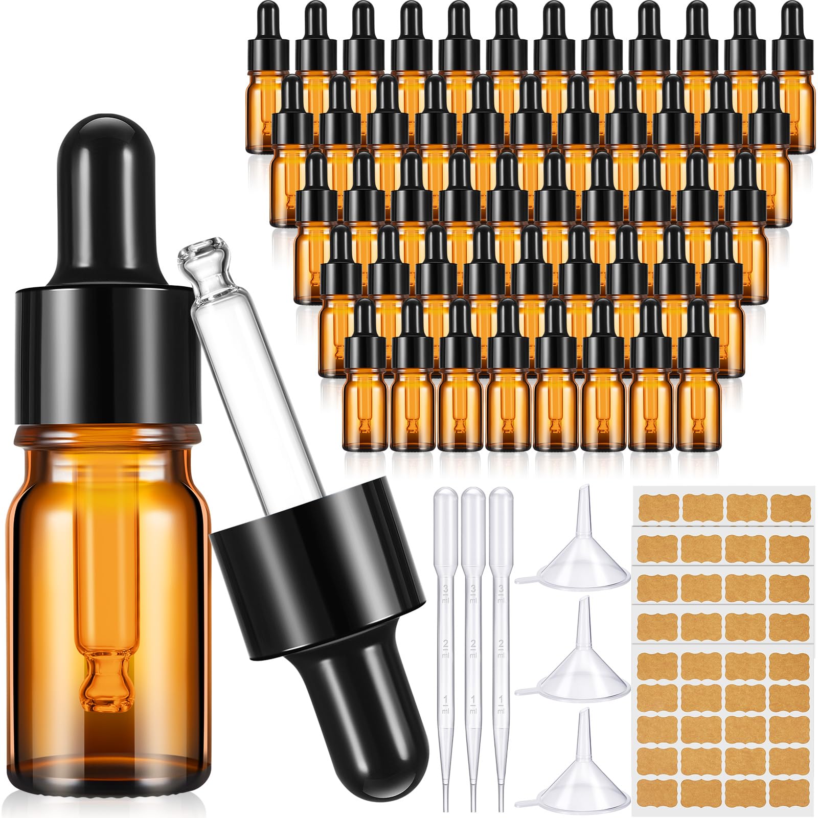 Uiifan 100 Pack 5 ml Amber Glass Dropper Bottles with 5 Plastic 3 ml Long Pipettes, 5 Funnels, 5 Sheets of Labels, Empty Tincture Bottles with Dropper for Essential Oils, Cuticle Oils, Body Oils