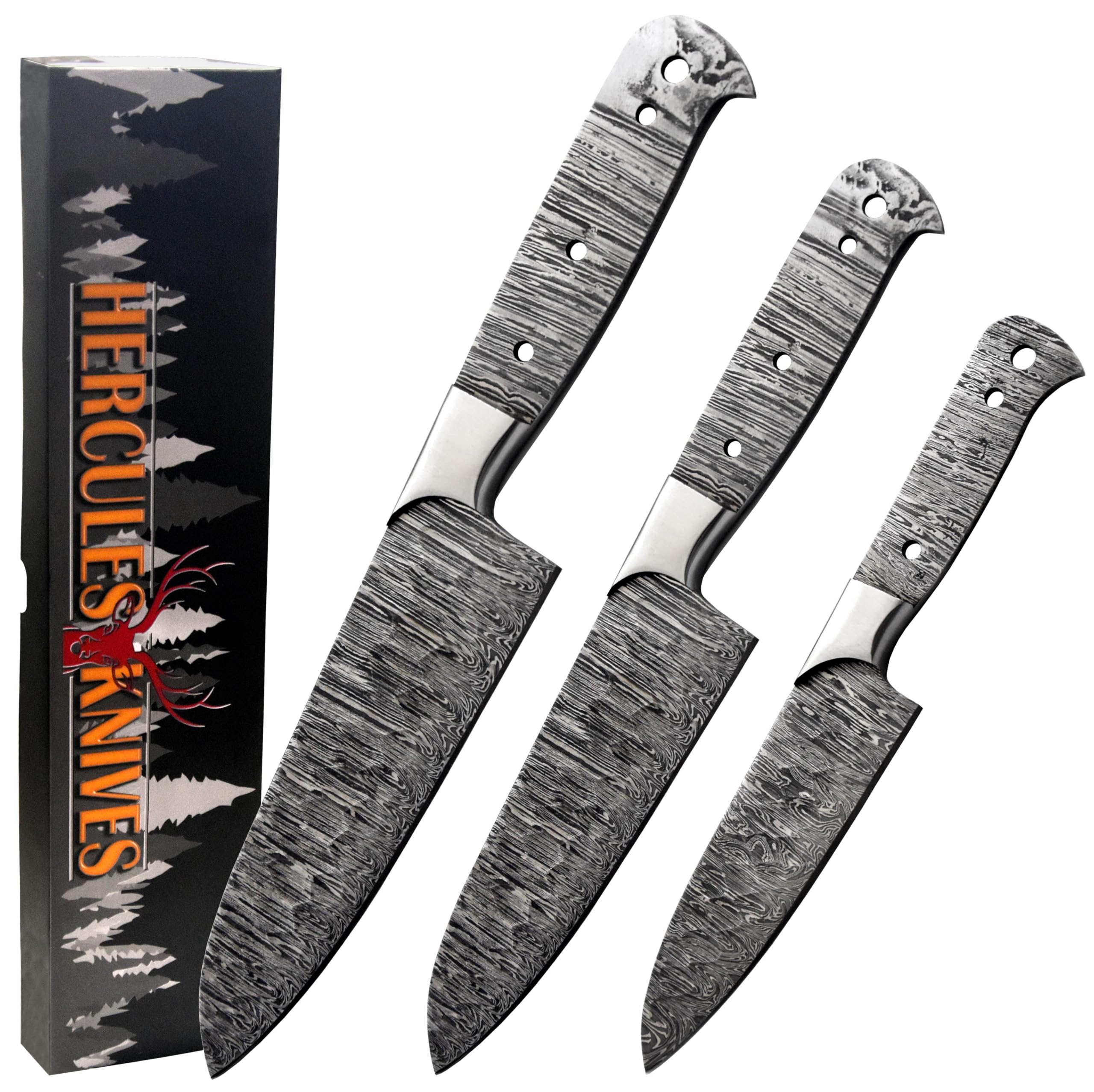 Hercules Knives Custom 3Pcs Set Of Chef Knife - Kitchen Knife Hand Forged Hammered Damascus Steel Blank Blade Handmade Knife Making Supply (STEEL BOLSTER)