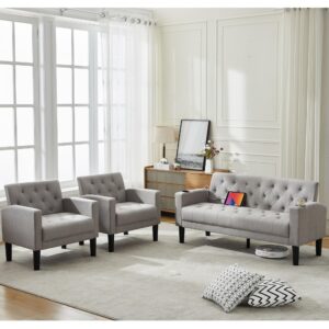 TYBOATLE Light Grey Linen Fabric Mid-Century Modern Sofa Set 3 Pieces, Tufted Linen Fabric USB Loveseat Couch with 2 Cupholders and 2 Accent Armchairs for Living Room, Bedroom, Apartment