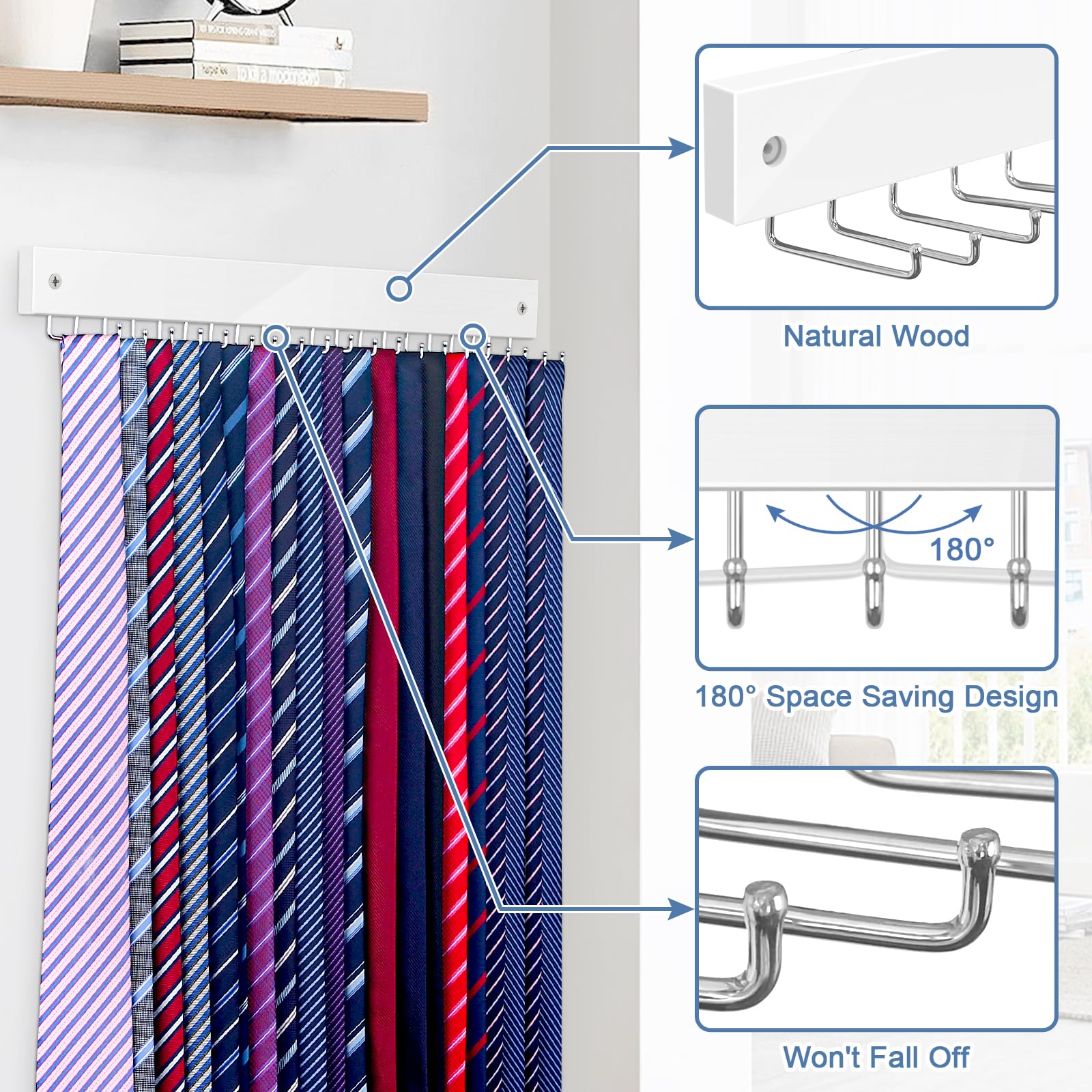 Tie Rack Wall Mounted Belt Hanger, 360° Rotating Tie Hanger Belt Organizer 20 Storage Hooks for Belt, Ties, Purse, Scarves, Tank Top, Hats, Medals