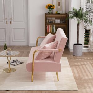 Nolohoo Loveseat Couch with Gold Legs, Velvet Pink Small Sofa with 2 Pillows, 58.6" W Tufted Upholstered Settee Cute 2 Seater Couch for Living Room, Bedroom Office Apartment (Pink,Velvet)