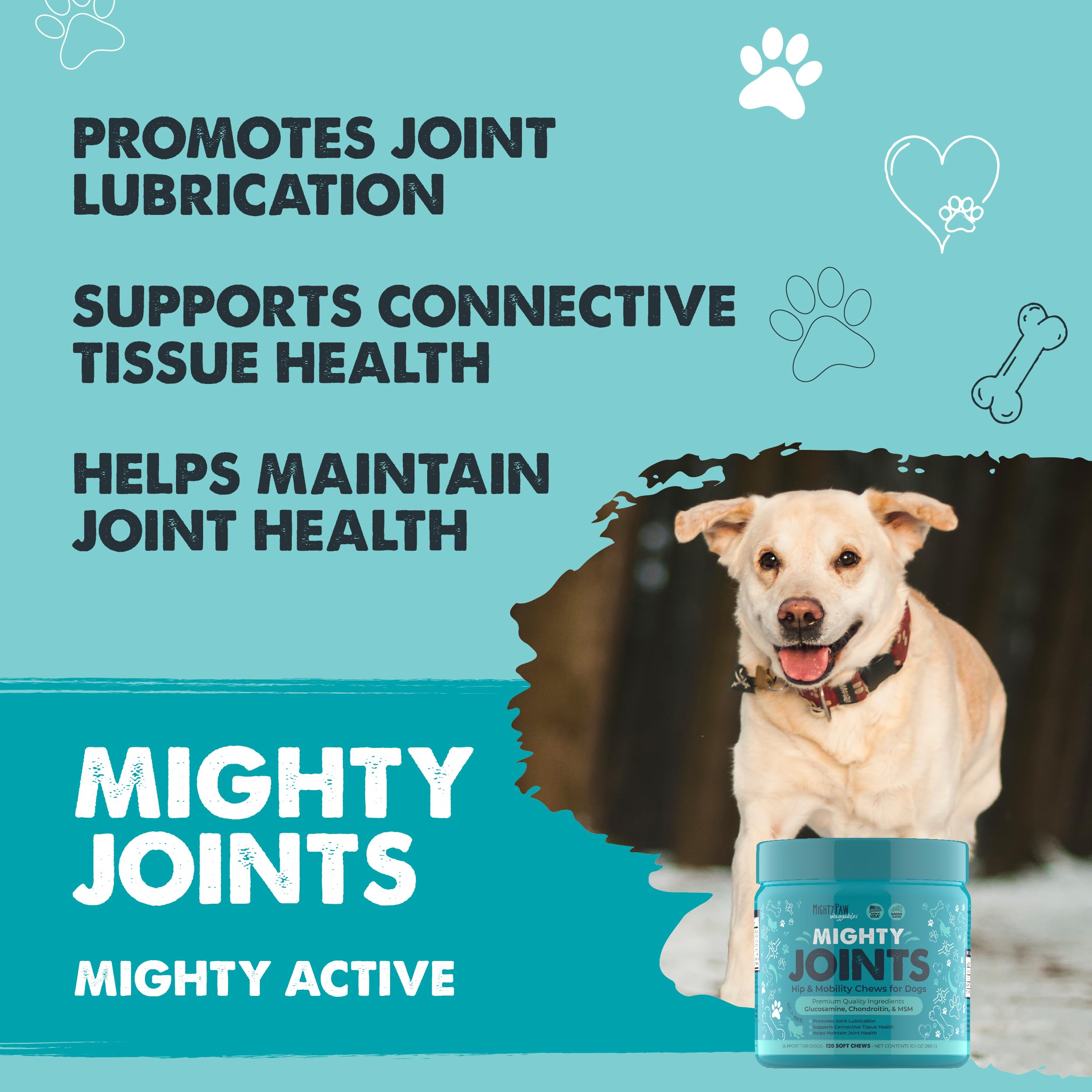 Mighty Paw Waggables Joint Support Supplement for Dogs (Made in USA) | Glucosamine for Dogs Hip and Joint Supplement. Vet Formulated Pet Mobility, Chondriotin & MSM Dog Joint Supplement Chews (120 Ct)