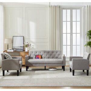 TYBOATLE Light Grey Linen Fabric Mid-Century Modern Sofa Set 3 Pieces, Tufted Linen Fabric USB Loveseat Couch with 2 Cupholders and 2 Accent Armchairs for Living Room, Bedroom, Apartment