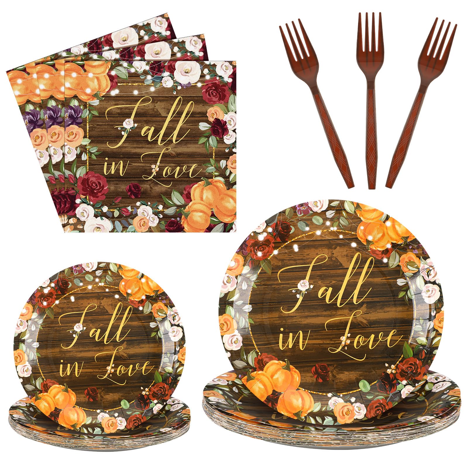 Sunnyray 96 Pieces Fall in Love Party Decorations Supplies Pumpkin Flower Autumn Party Tableware Set Bridal Shower Party Dessert Plates Napkins Forks for 24 Guests Bridal Anniversary Engagement Party