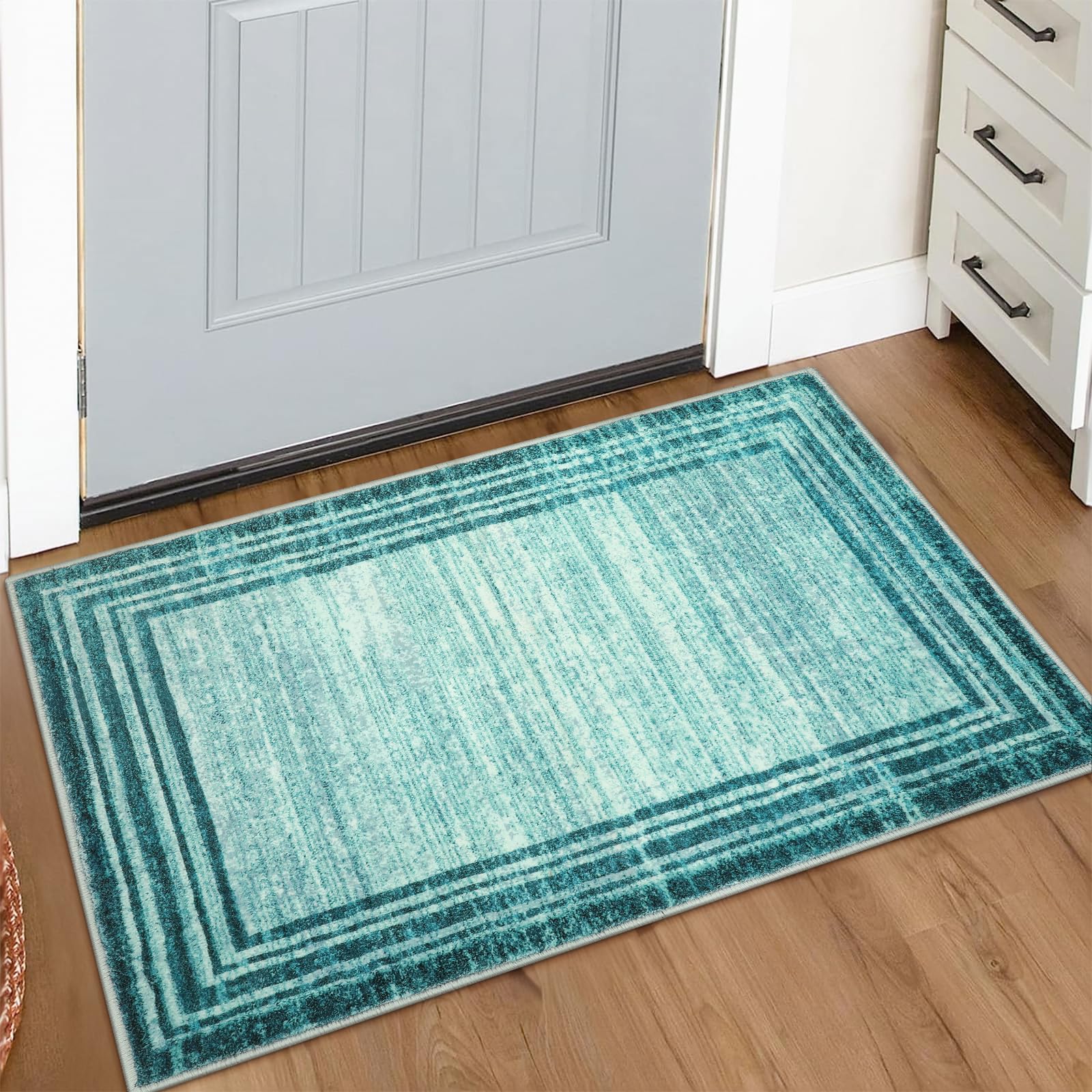 Lahome Abstract 2x3 Teal Kitchen Rug,Washable Low-Pile Entry Rug Non-Slip Door Mat Indoor Entryway Rug,Modern Bordered Soft Small Bathroom Mat Throw Rug