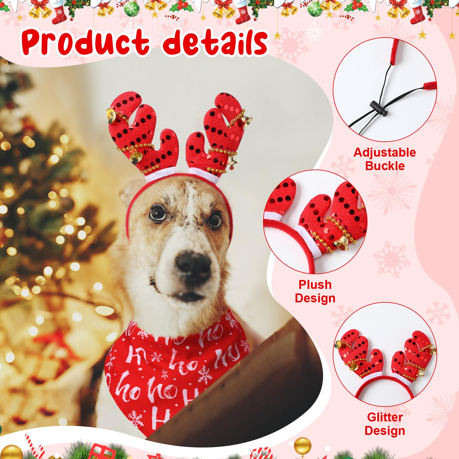 Sadnyy 18 Pcs Pet Costume Accessories Christmas Dog Bandanas Dog Christmas Scarf Adjustable Christmas Dog Headbands Pet Xmas Reindeer Antlers Headbands for Dogs Costume Decor