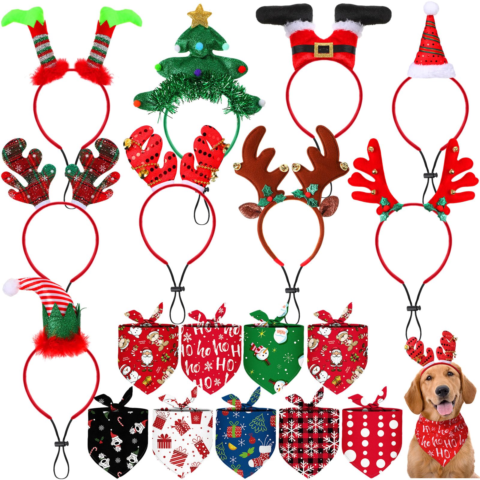 Sadnyy 18 Pcs Pet Costume Accessories Christmas Dog Bandanas Dog Christmas Scarf Adjustable Christmas Dog Headbands Pet Xmas Reindeer Antlers Headbands for Dogs Costume Decor