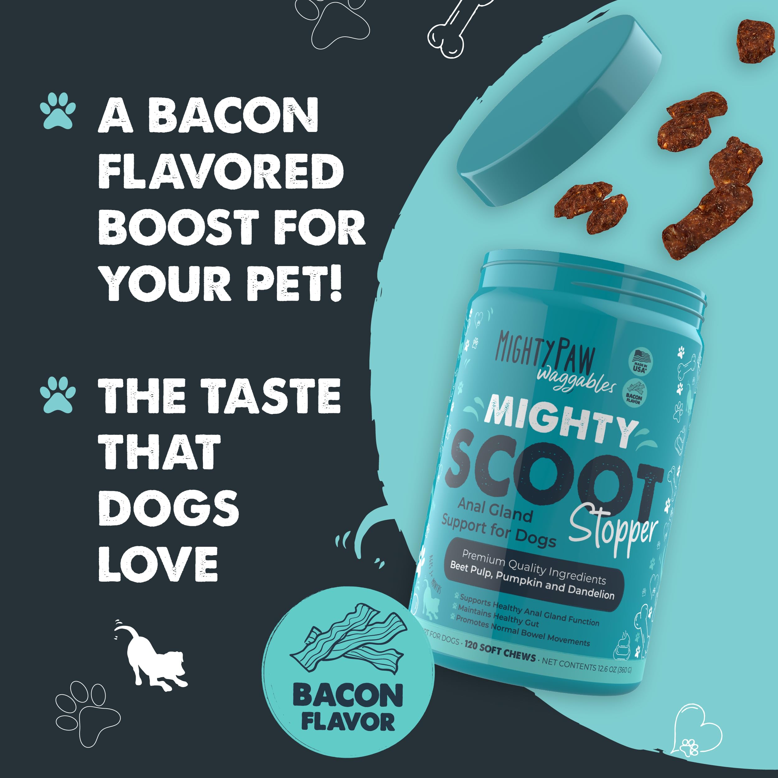 Mighty Paw Waggables Mighty Scoot (Made in USA) | Dog Digestive Support Anal Gland Chews. Dog Anal Gland Scoot for Dogs. Beet Pulp & Pumpkin Dog Fiber Supplements. Pet Bowel Gut Health (120 Count)