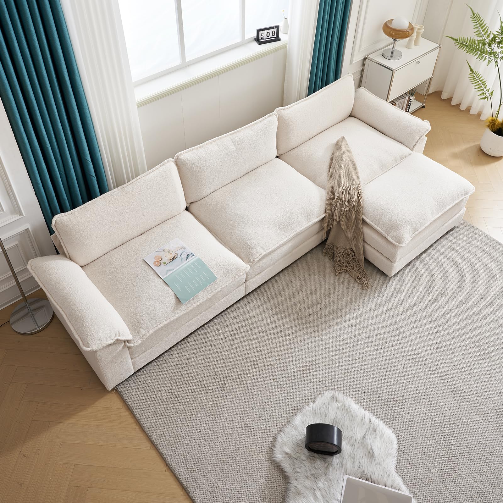 Karl home Sectional Sofa Modular Deep Seat Sofa Couch with Ottoman, Teddy Fleece Sofa Sleeper Comfy Upholstered Furniture for Living Room, Apartment, Studio, Office, (3-Seat & 1-Ottoman, White)