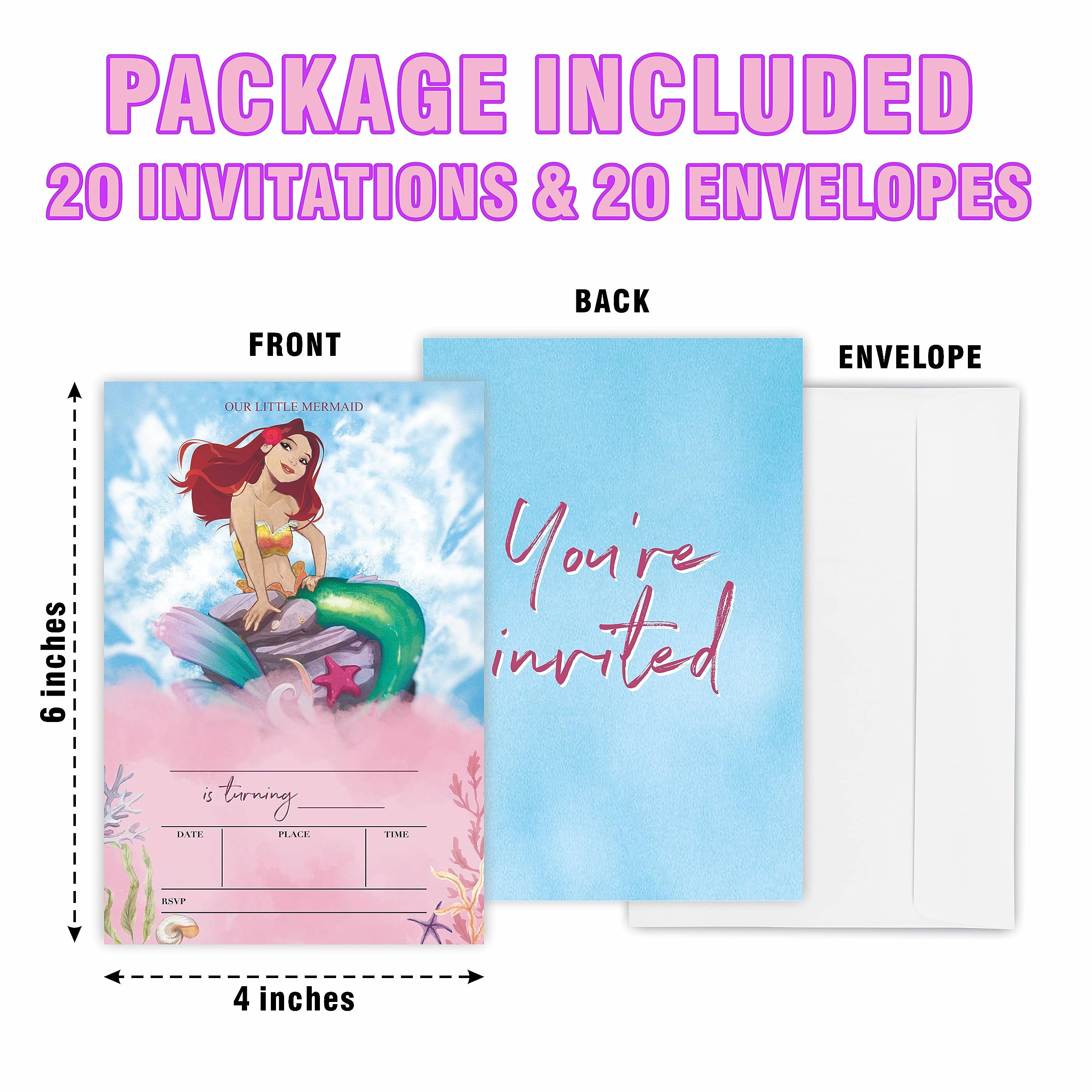 JCVUK Mermaid Theme Party Birthday Invitation Cards, Under The Sea, 20 Invites With Envelopes, Double-sided Fill In Style Invitations, Birthday Party Favor, Decorations And Supplies - Y10