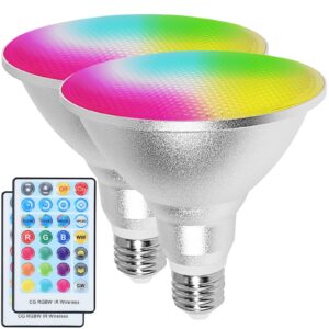 2 pack par38 flood light bulbs waterproof, led color changing spotlight with remote control, rgb+cool+warm white, 1800lm, timing, indoor/outdoor, 30w=100w, e26 porch lamp for garden christmas decor