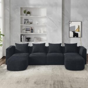 deinppa u shape modular sectional sofa, minimalist style modular couch, 4 seat cushion couch with 4 pillows for living room/apartment, bouclé fabric, black