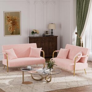 nolohoo loveseat couch set of 2 with gold legs, 58.6" w pink small sofa with 2 pillows, tufted upholstered settee 2 seater mini couch for living room, bedroom, office, apartment (pink,velvet)