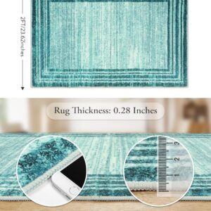 Lahome Abstract 2x3 Teal Kitchen Rug,Washable Low-Pile Entry Rug Non-Slip Door Mat Indoor Entryway Rug,Modern Bordered Soft Small Bathroom Mat Throw Rug