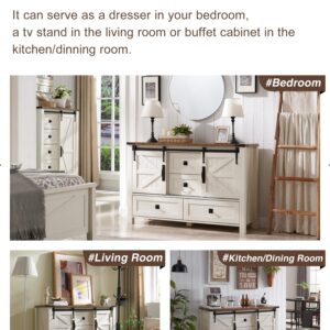 T4TREAM Farmhouse Dresser for Bedroom w/4 Drawers & Sliding Barn Doors, 48'' Wide Chest of Drawers, Rustic Dresser TV Stand w/Shelf, Dresser Organizer for Bedroom, Living Room, Entryway, Antique White