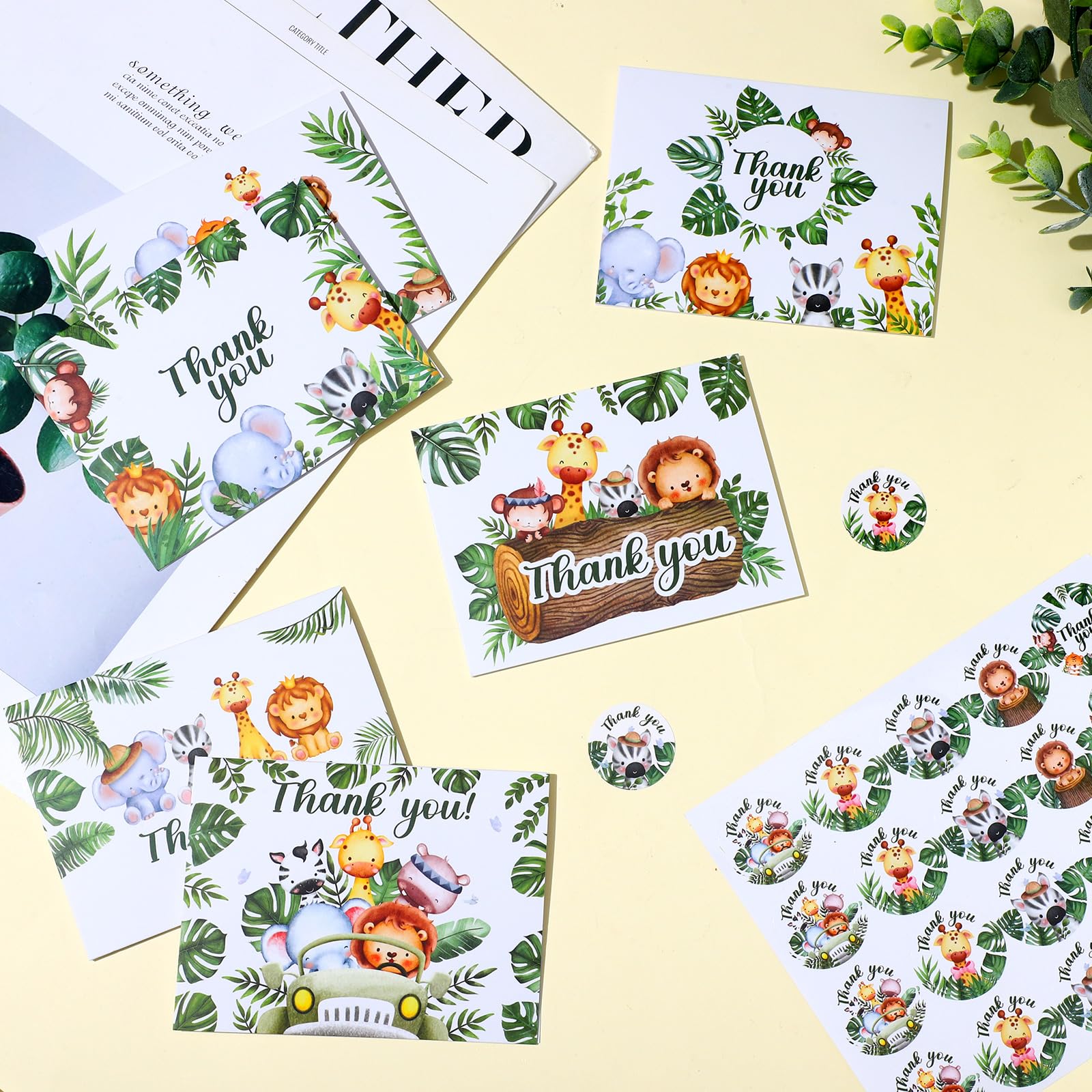 100 Pcs Safari Jungle Thank You Cards with Envelopes Stickers Forest Animals Greenery Greeting Note Cards Woodland Zoo Gratitude Card for Baby Shower Kids Birthday Party Supplies