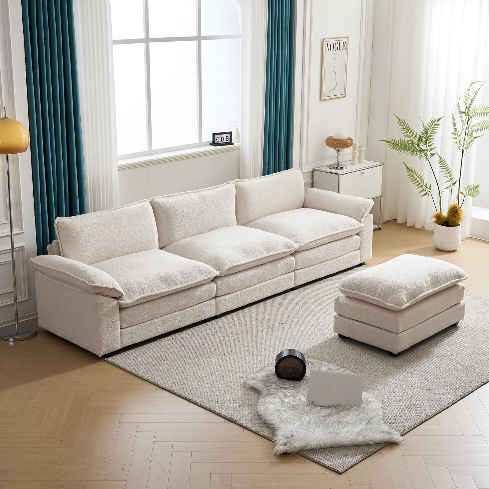 Karl home Sectional Sofa Modular Deep Seat Sofa Couch with Ottoman, Teddy Fleece Sofa Sleeper Comfy Upholstered Furniture for Living Room, Apartment, Studio, Office, (3-Seat & 1-Ottoman, White)