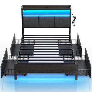 rolanstar bed frame twin size with charging station and led lights, upholstered storage headboard with drawers, heavy duty metal slats, no box spring needed, noise free, easy assembly, dark grey